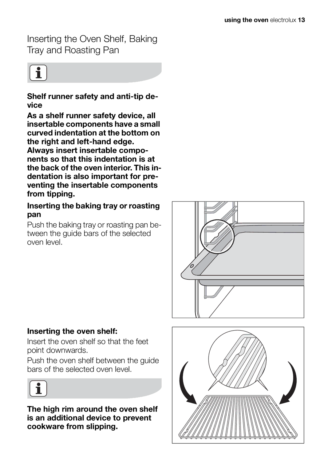 Electrolux EOB20001 user manual Inserting the Oven Shelf, Baking Tray and Roasting Pan 