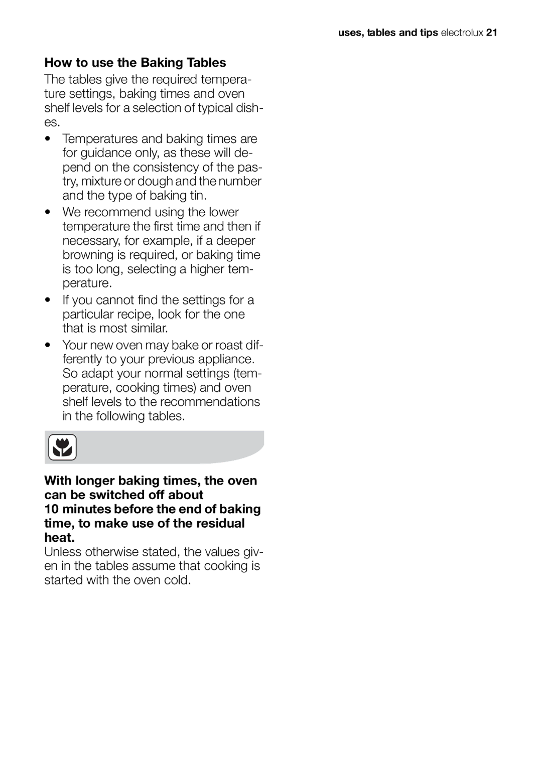 Electrolux EOB20001 user manual Uses, tables and tips electrolux 