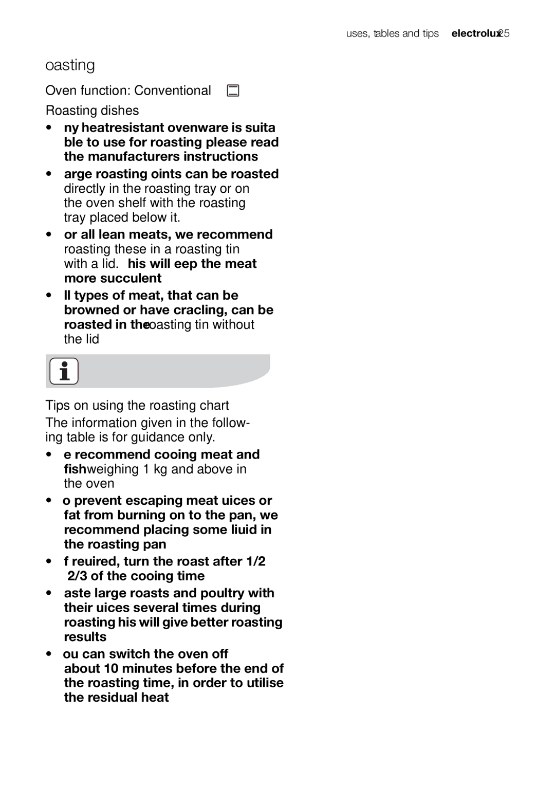 Electrolux EOB20001 user manual Oven function Conventional Roasting dishes 