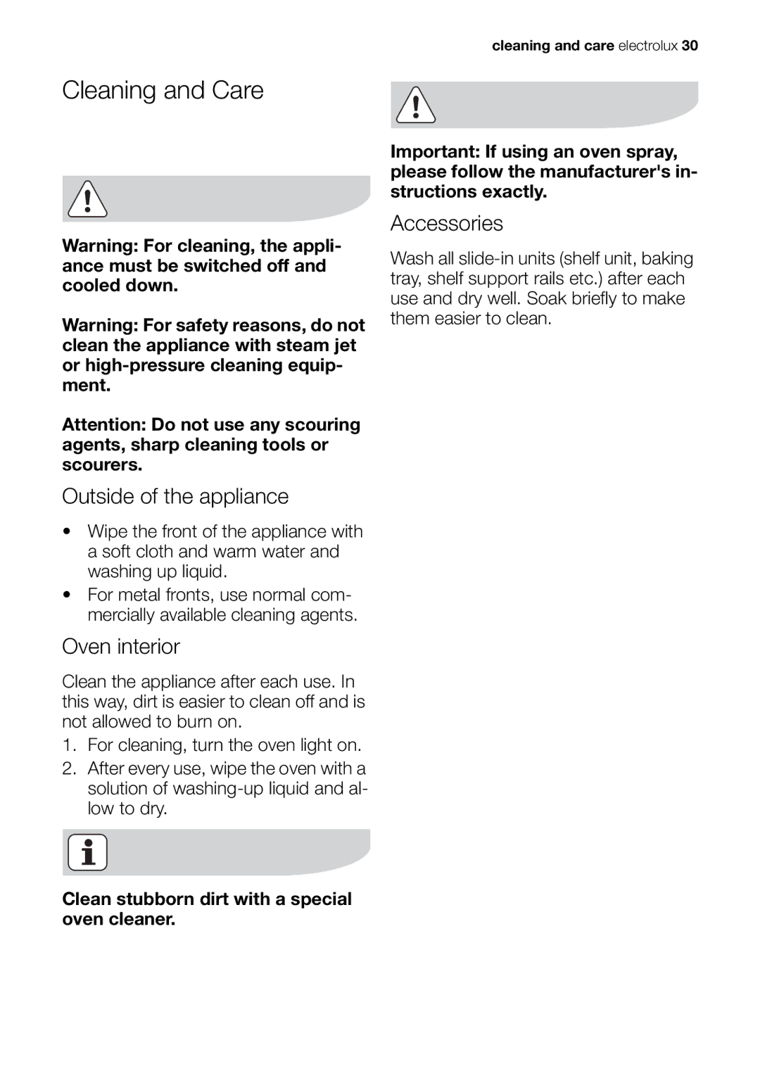 Electrolux EOB20001 user manual Cleaning and Care, Outside of the appliance, Oven interior, Accessories 