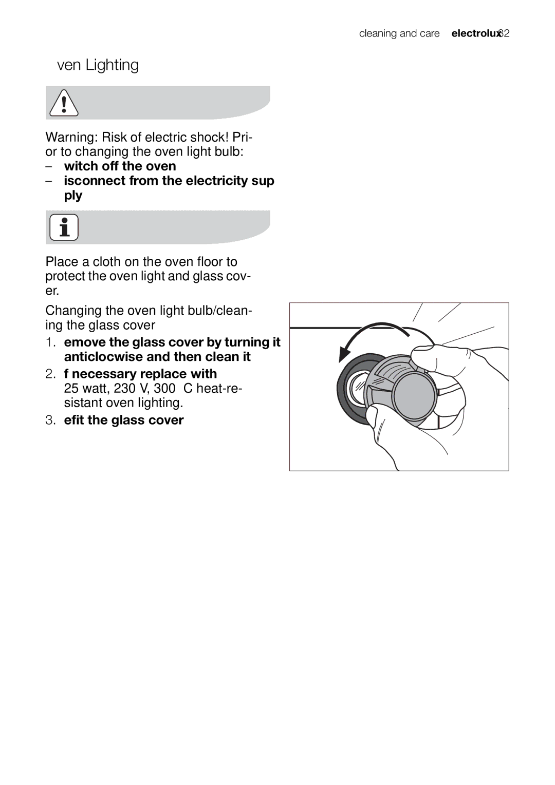 Electrolux EOB20001 user manual Oven Lighting 