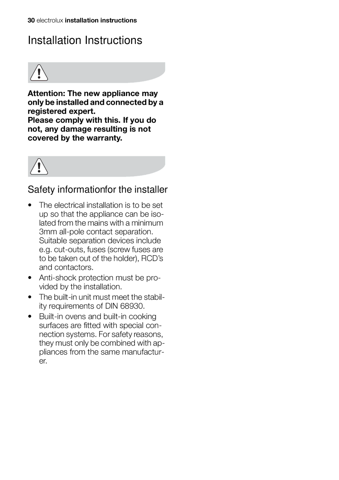 Electrolux EOB20001 user manual Installation Instructions, Safety information for the installer 