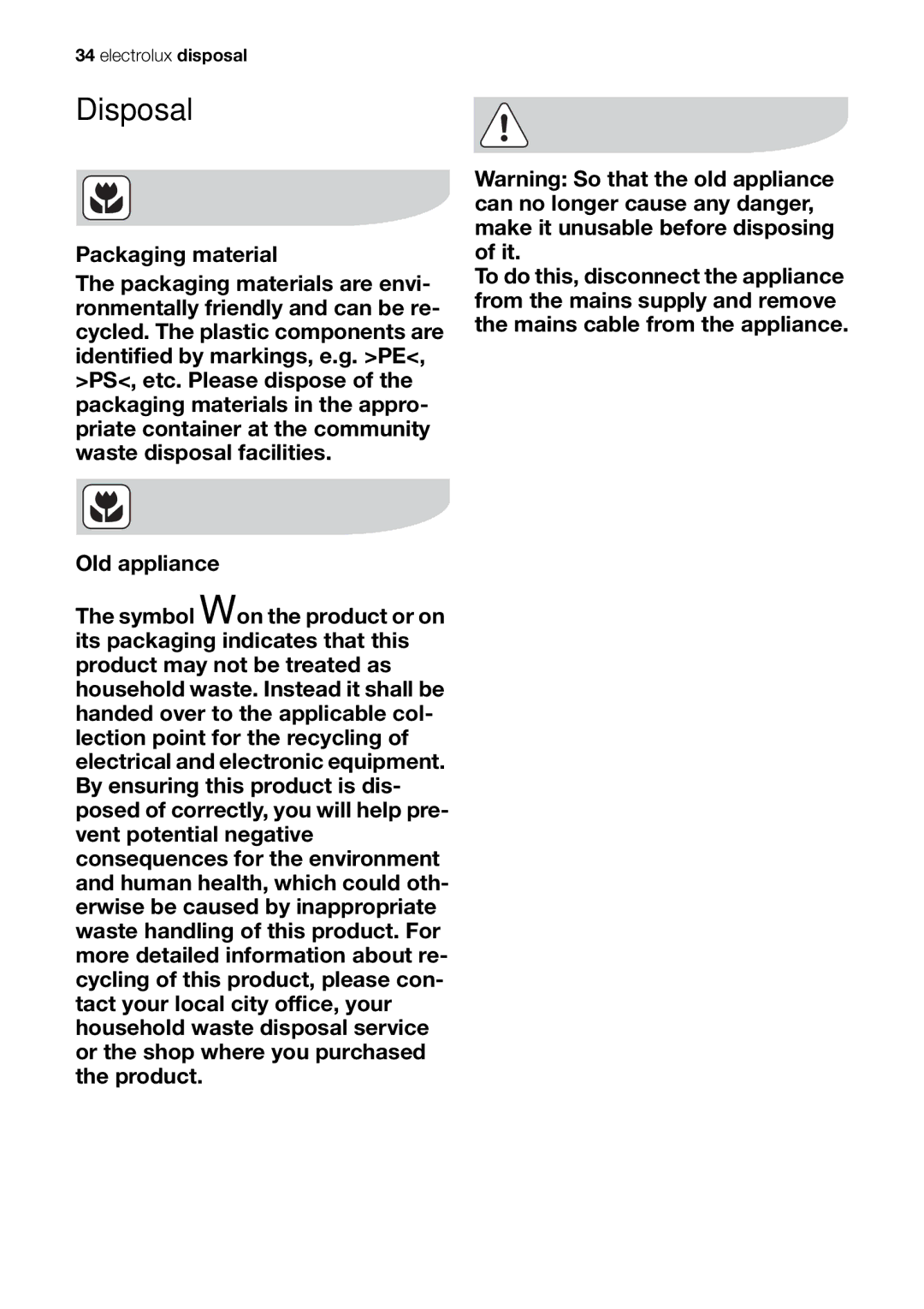 Electrolux EOB20001 user manual Disposal 