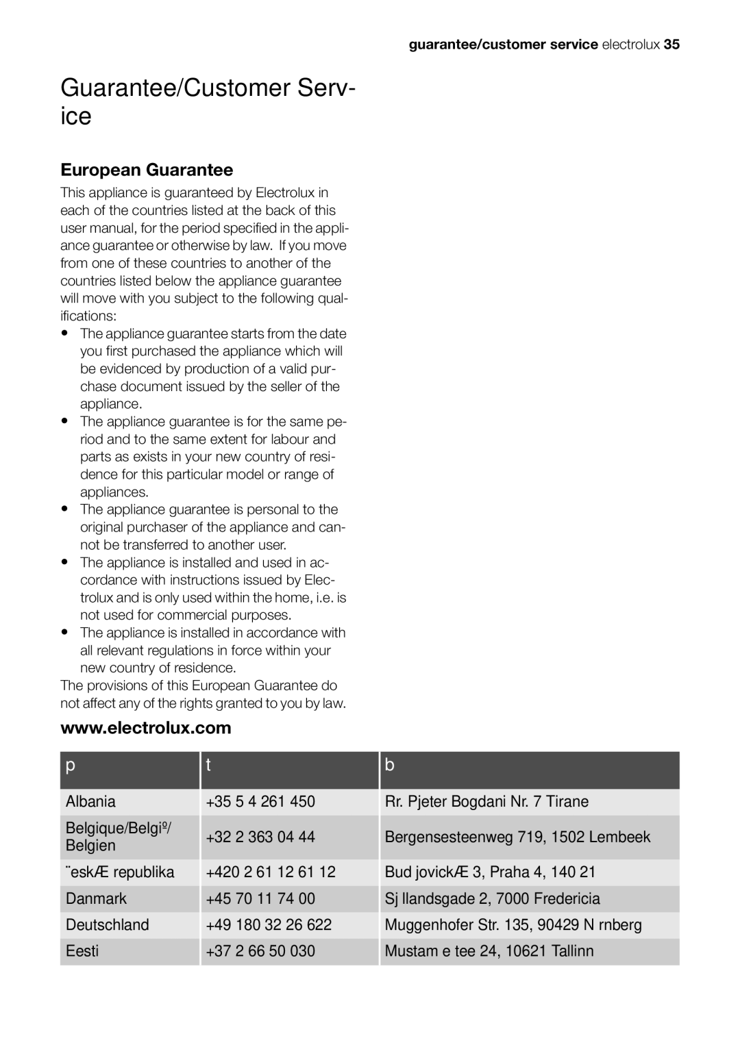 Electrolux EOB20001 user manual Guarantee/Customer Serv- ice, European Guarantee 