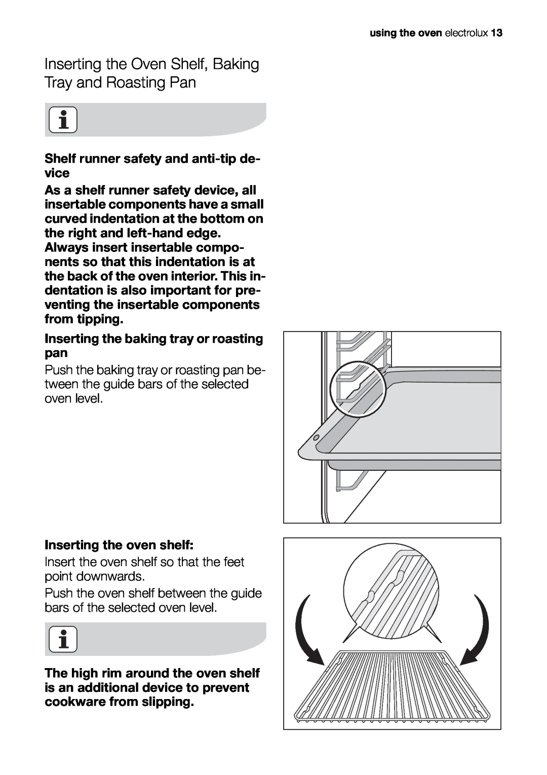 Electrolux EOB20001 user manual Inserting the Oven Shelf, Baking Tray and Roasting Pan 