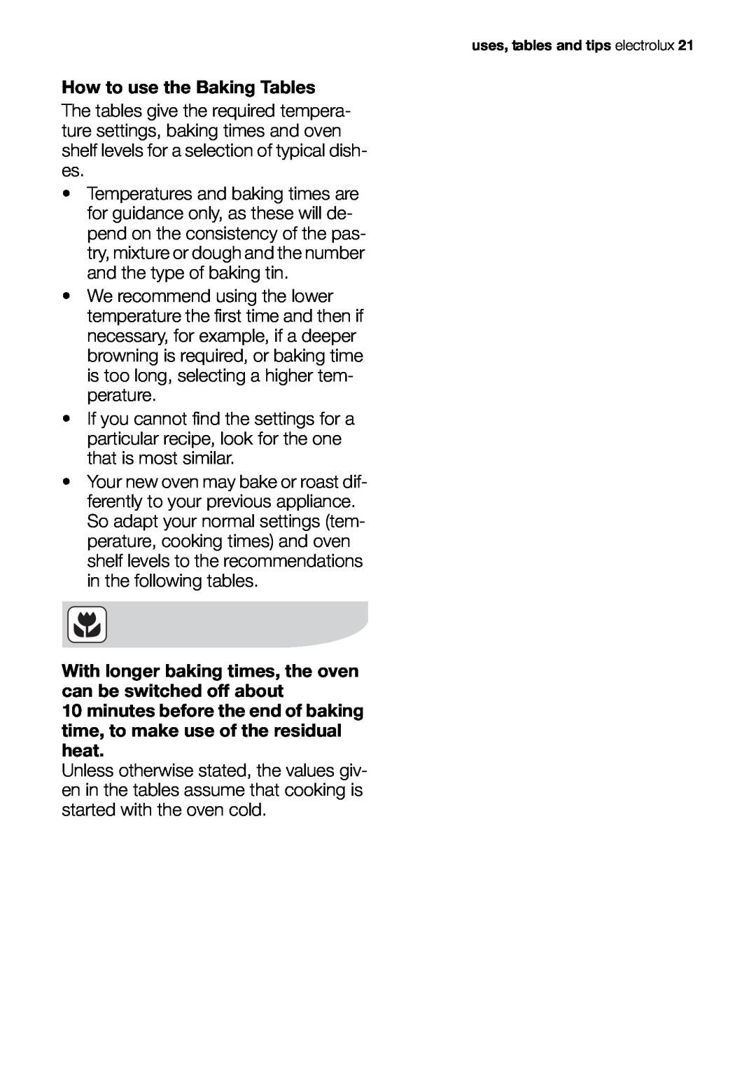 Electrolux EOB20001 user manual How to use the Baking Tables 