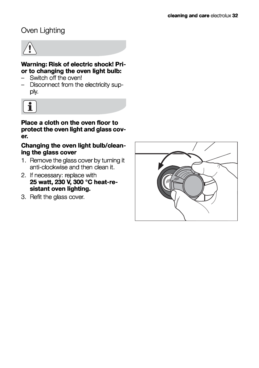 Electrolux EOB20001 user manual Oven Lighting 
