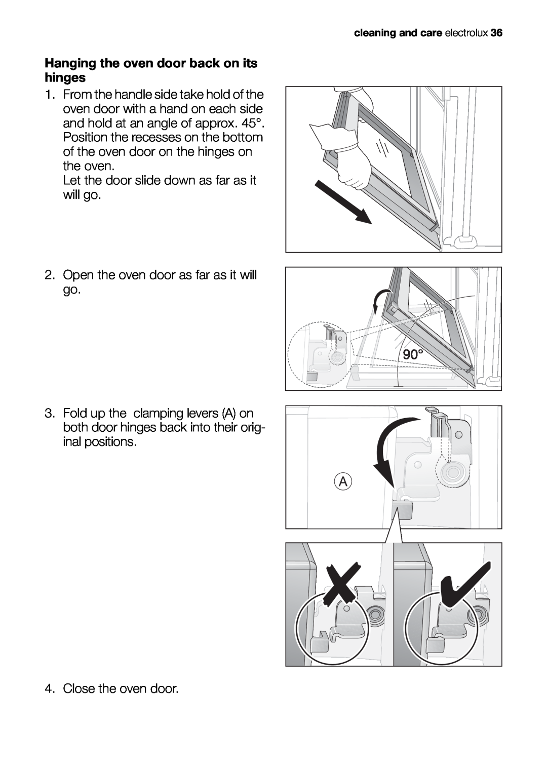 Electrolux EOB20001 user manual Hanging the oven door back on its hinges 