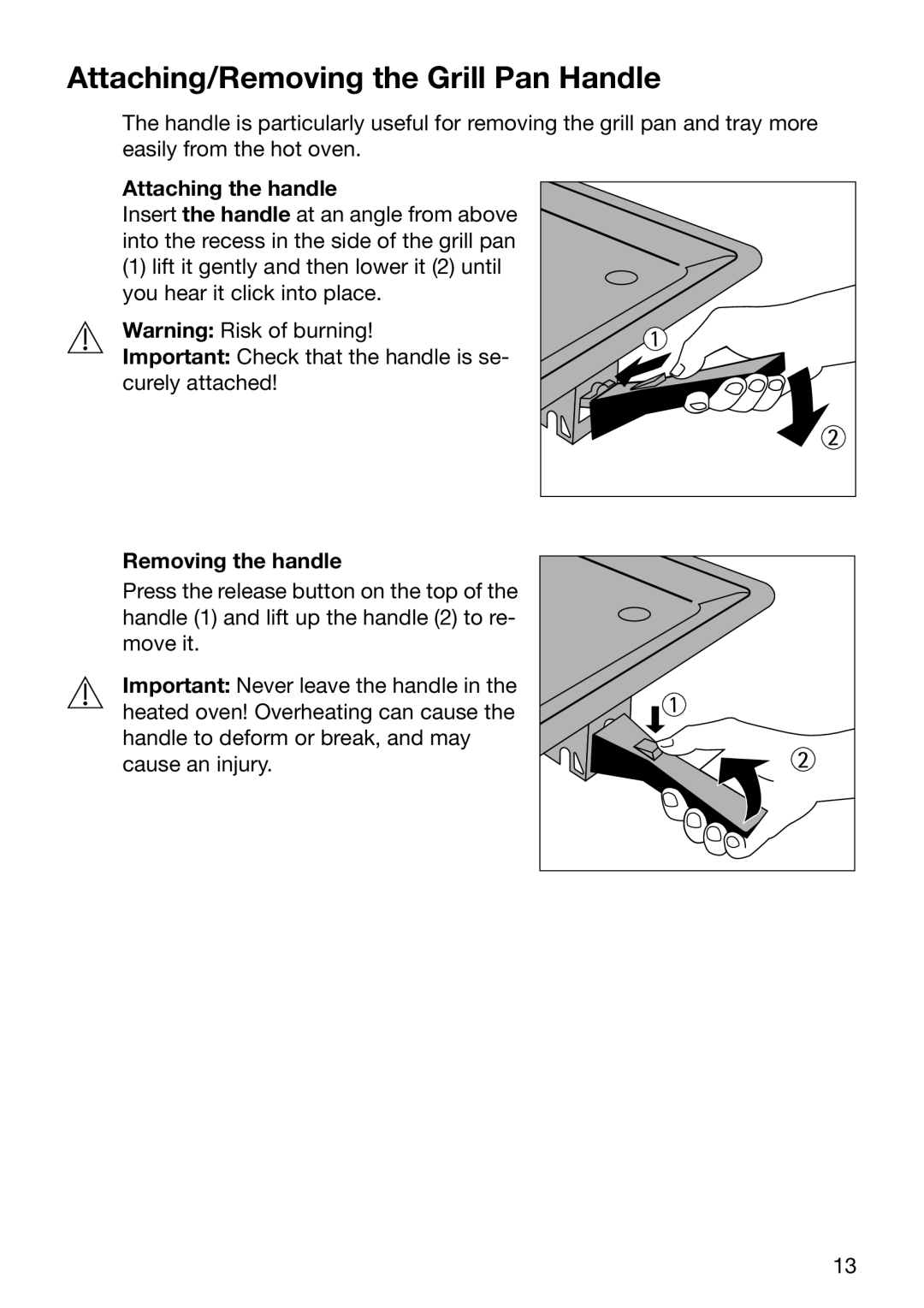 Electrolux EOB2610 manual Attaching/Removing the Grill Pan Handle, Attaching the handle, Removing the handle 