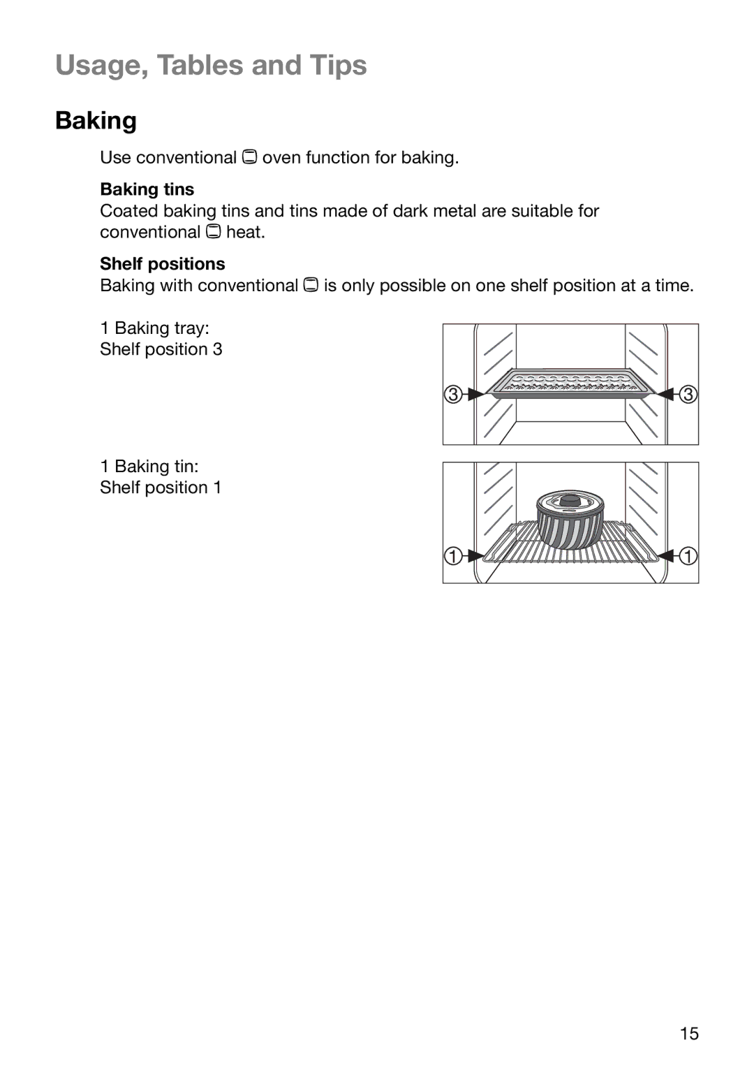 Electrolux EOB2610 manual Usage, Tables and Tips, Baking tins, Shelf positions 