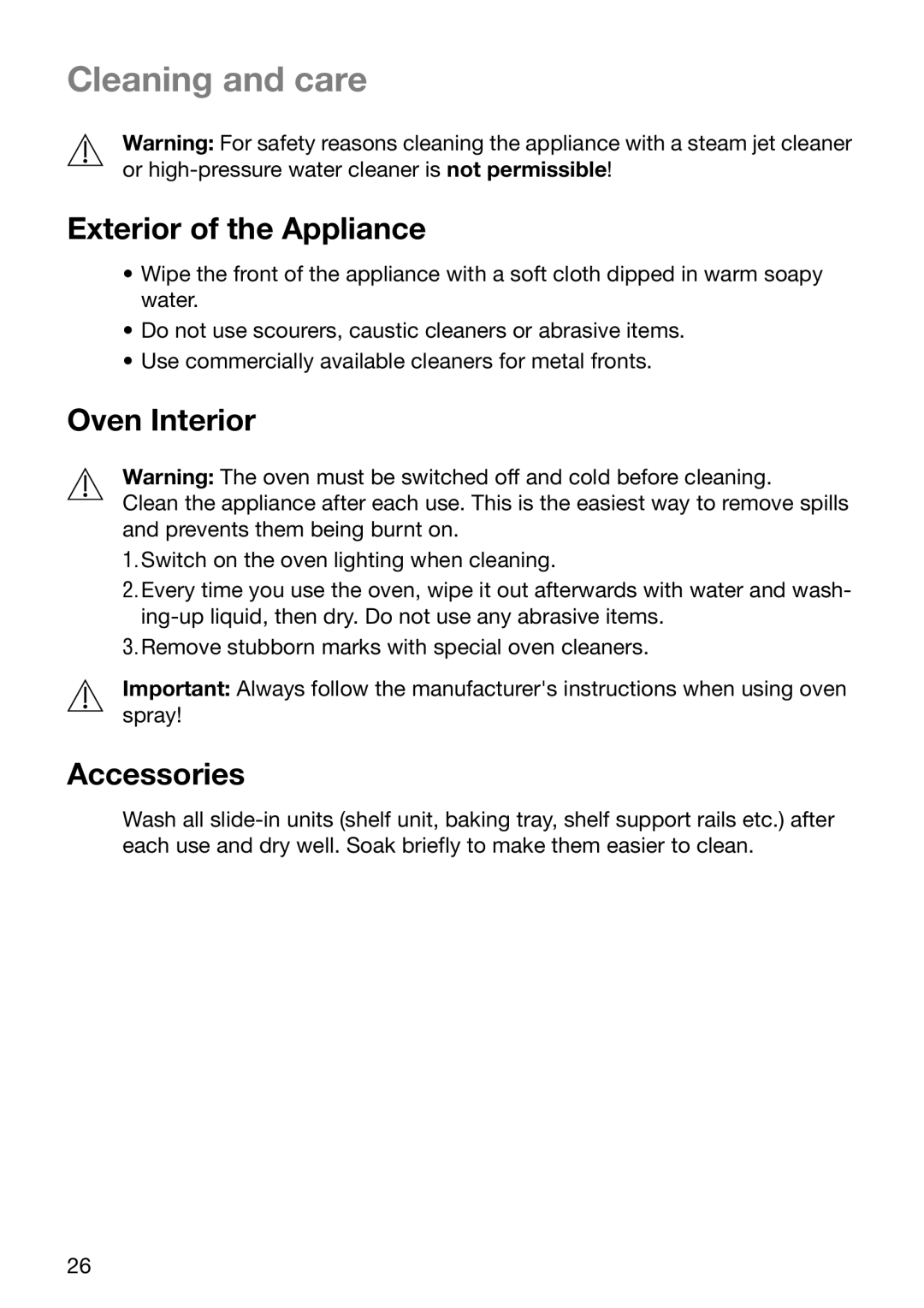 Electrolux EOB2610 manual Cleaning and care, Exterior of the Appliance, Oven Interior, Accessories 