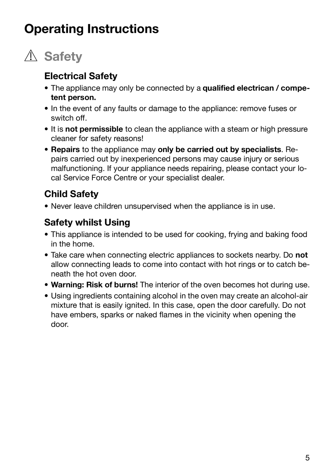 Electrolux EOB2610 manual Electrical Safety, Child Safety, Safety whilst Using 