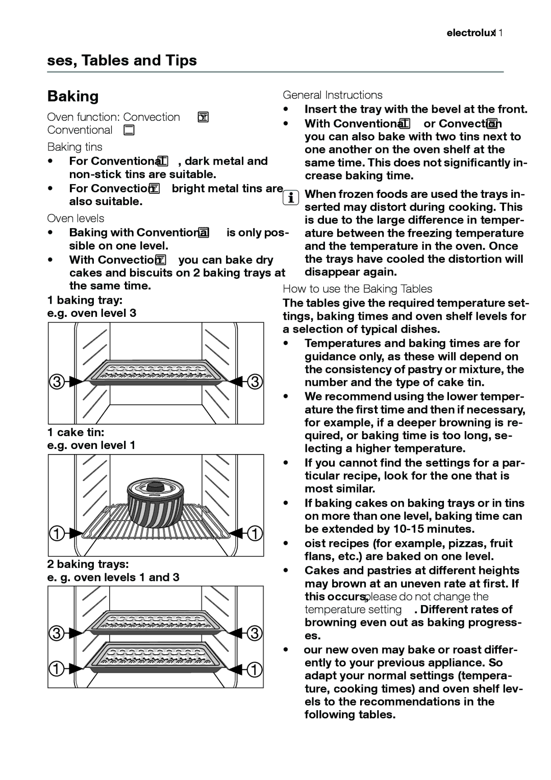 Electrolux EOB31001 Uses, Tables and Tips Baking, Oven function Convection or Conventional Baking tins, Oven levels 