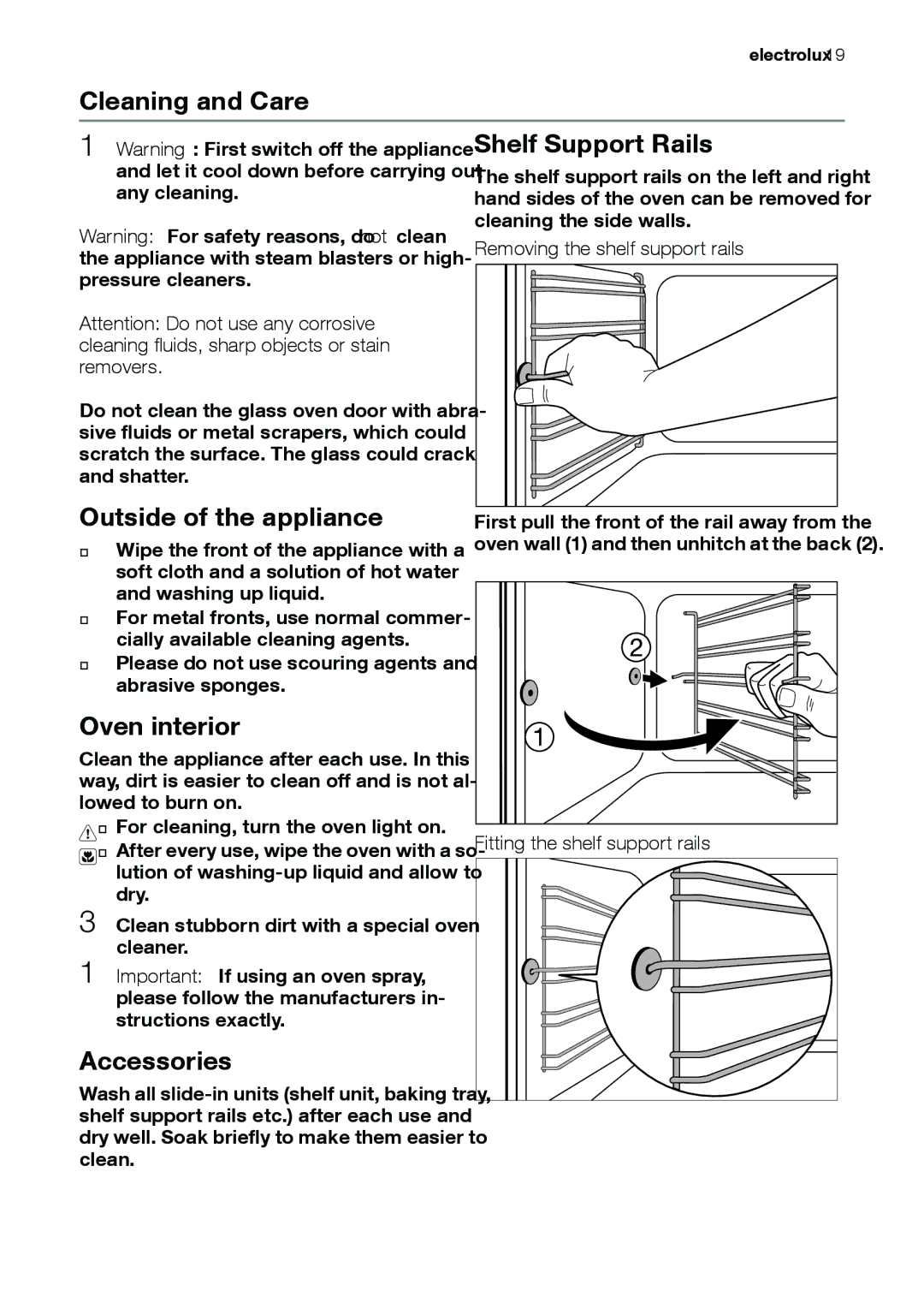 Electrolux EOB31001 user manual Cleaning and Care Shelf Support Rails, Outside of the appliance, Oven interior, Accessories 