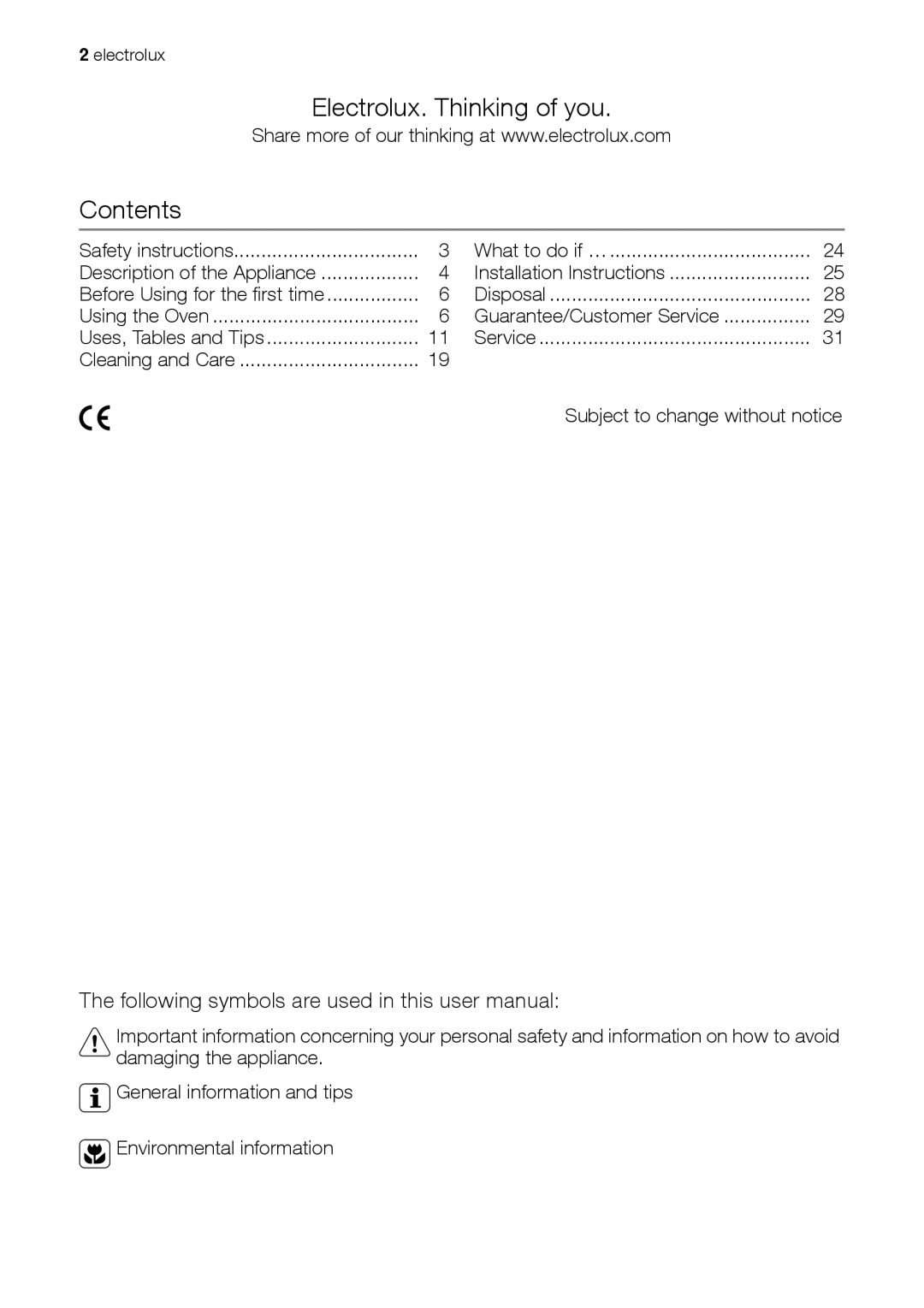 Electrolux EOB31001 user manual Electrolux. Thinking of you Contents 