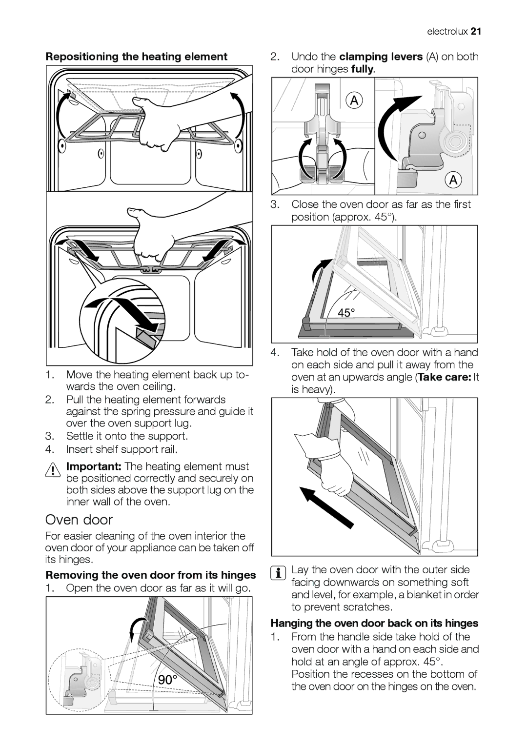 Electrolux EOB31001 user manual Oven door, Repositioning the heating element, Removing the oven door from its hinges 