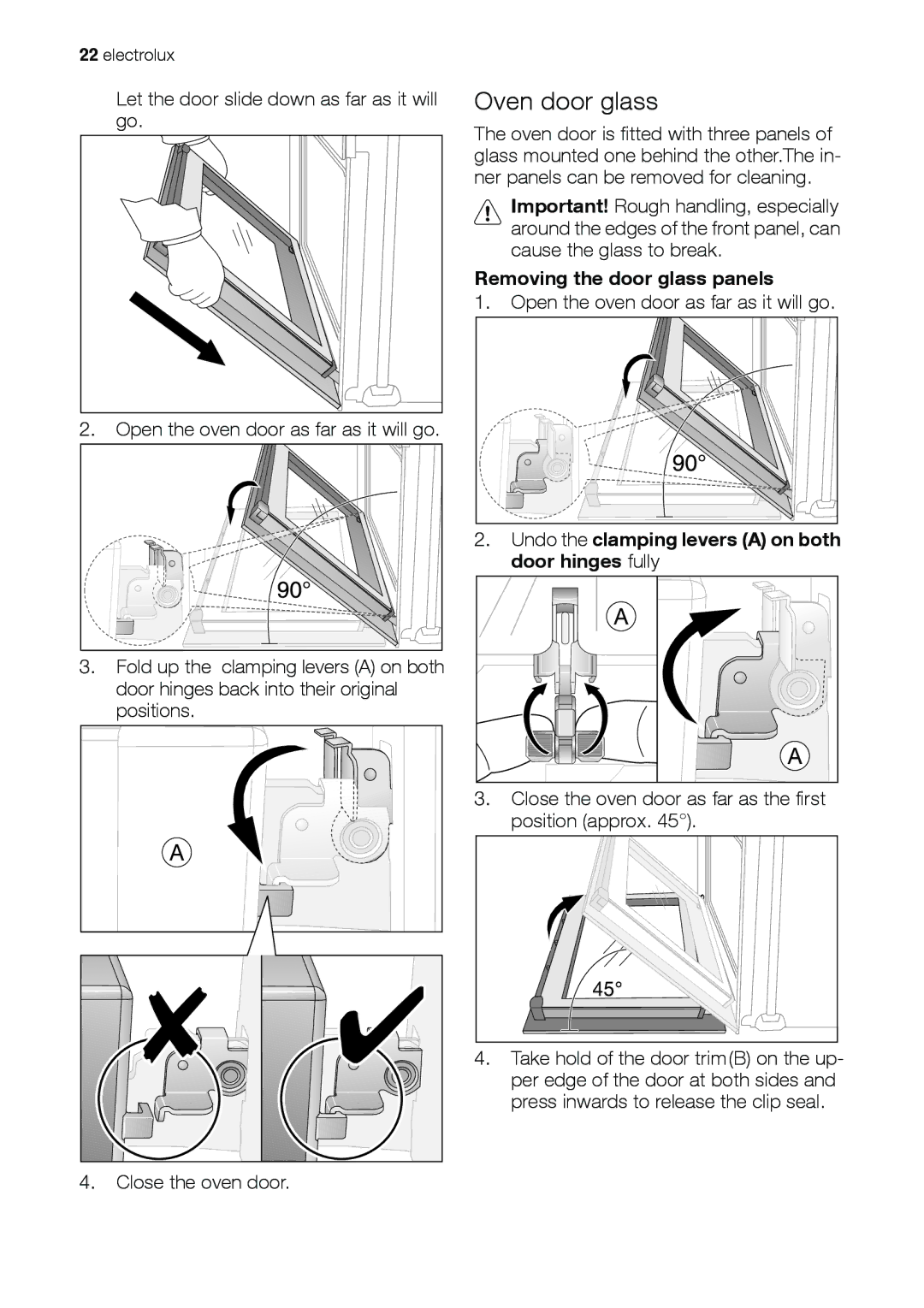 Electrolux EOB31001 Oven door glass, Removing the door glass panels, Undo the clamping levers a on both door hinges fully 