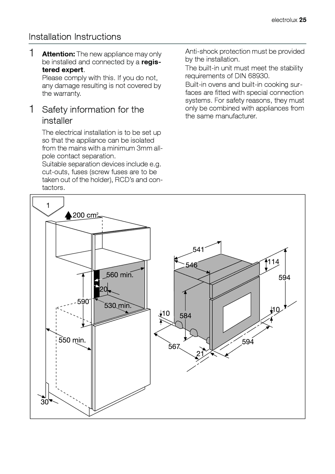 Electrolux EOB31001 user manual Installation Instructions, Safety information for Installer 