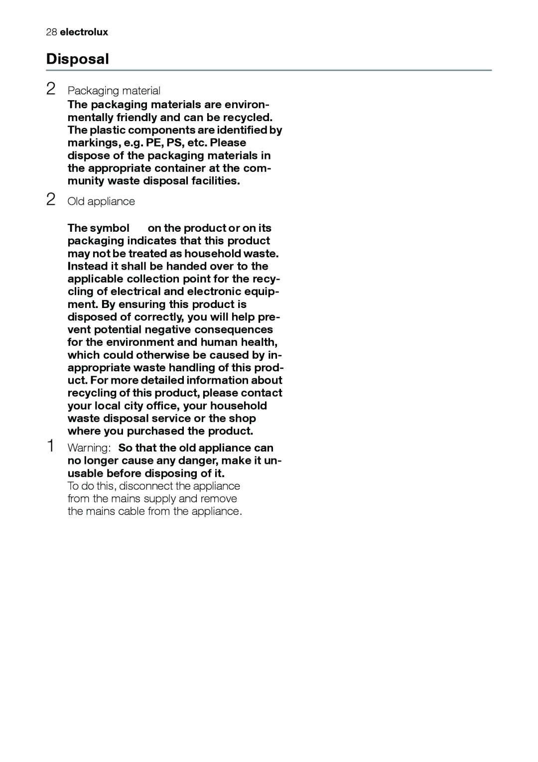 Electrolux EOB31001 user manual Disposal, Packaging material, Old appliance 