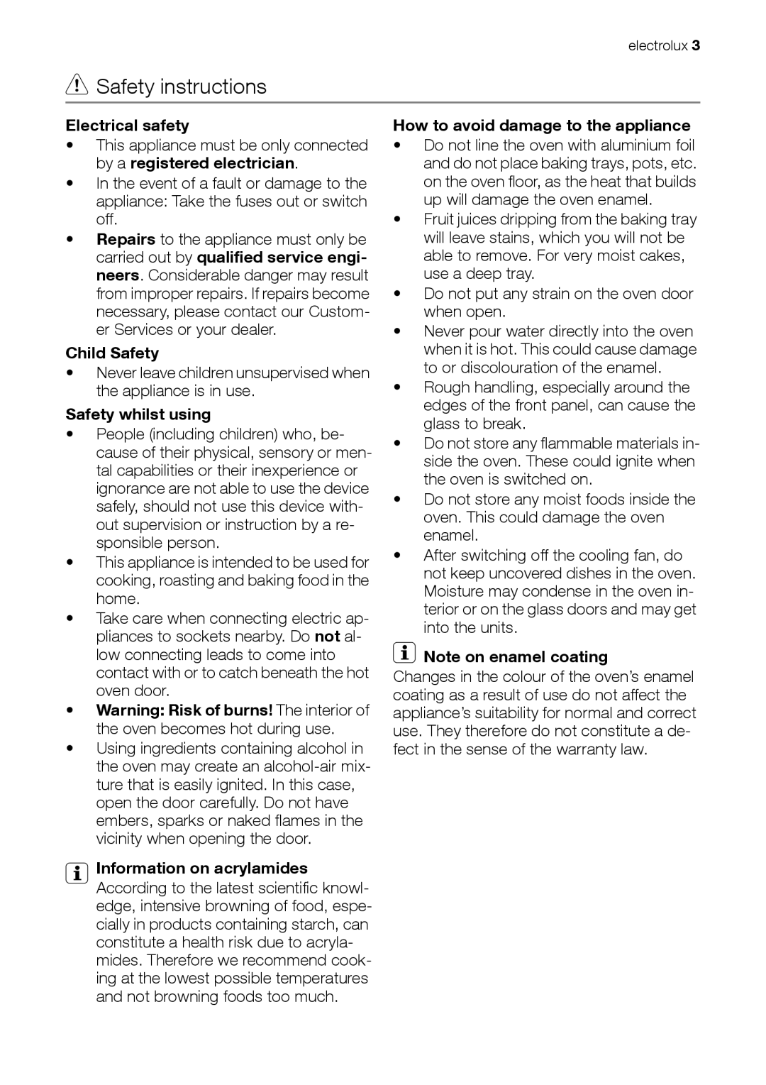 Electrolux EOB31001 user manual Safety instructions, Electrical safety, Child Safety, Safety whilst using 