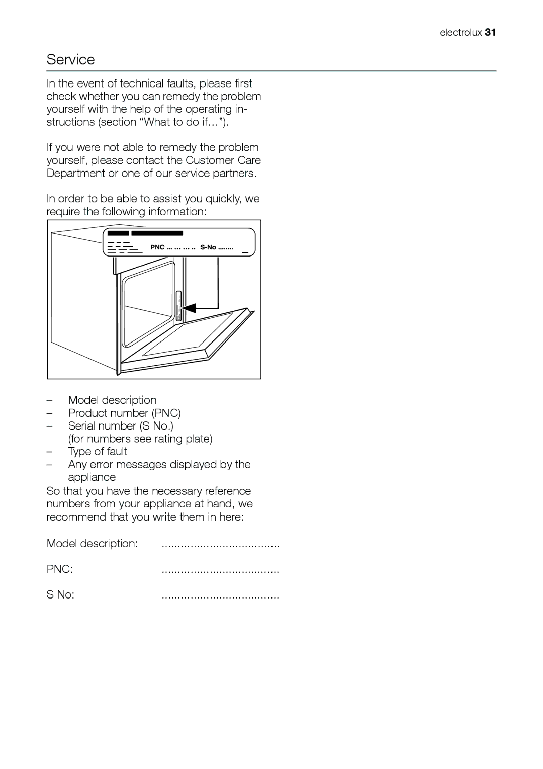 Electrolux EOB31001 user manual Service 