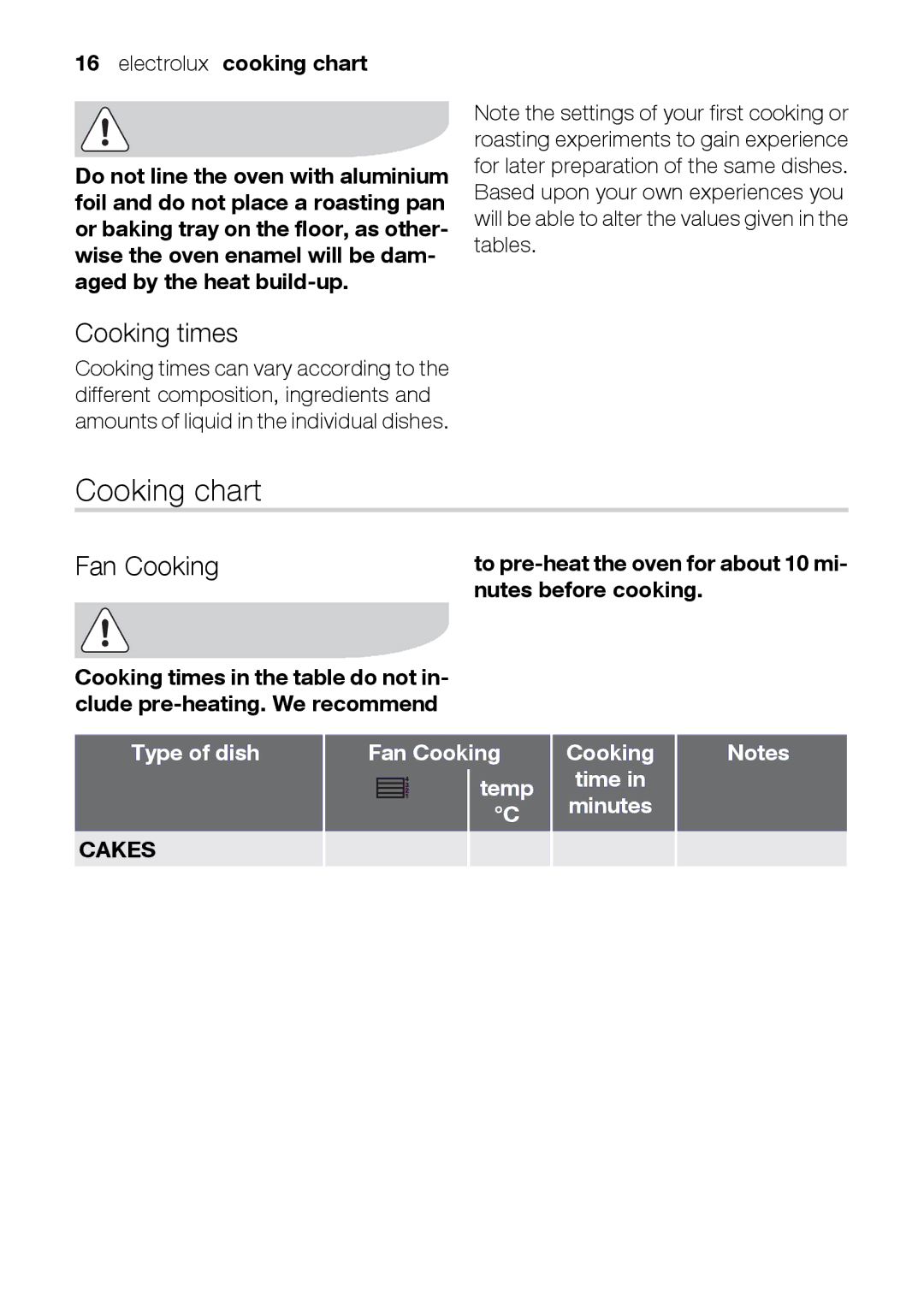 Electrolux EOB31010X user manual Cooking chart, Cooking times, Electrolux cooking chart, Nutes before cooking 