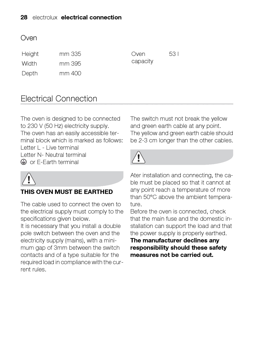 Electrolux EOB31010X user manual Electrical Connection, Oven, Electrolux electrical connection 