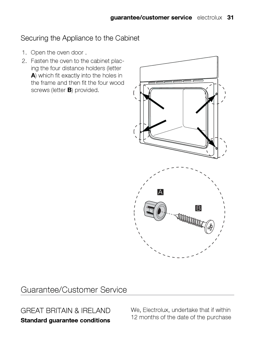 Electrolux EOB31010X Guarantee/Customer Service, Securing the Appliance to the Cabinet, Standard guarantee conditions 