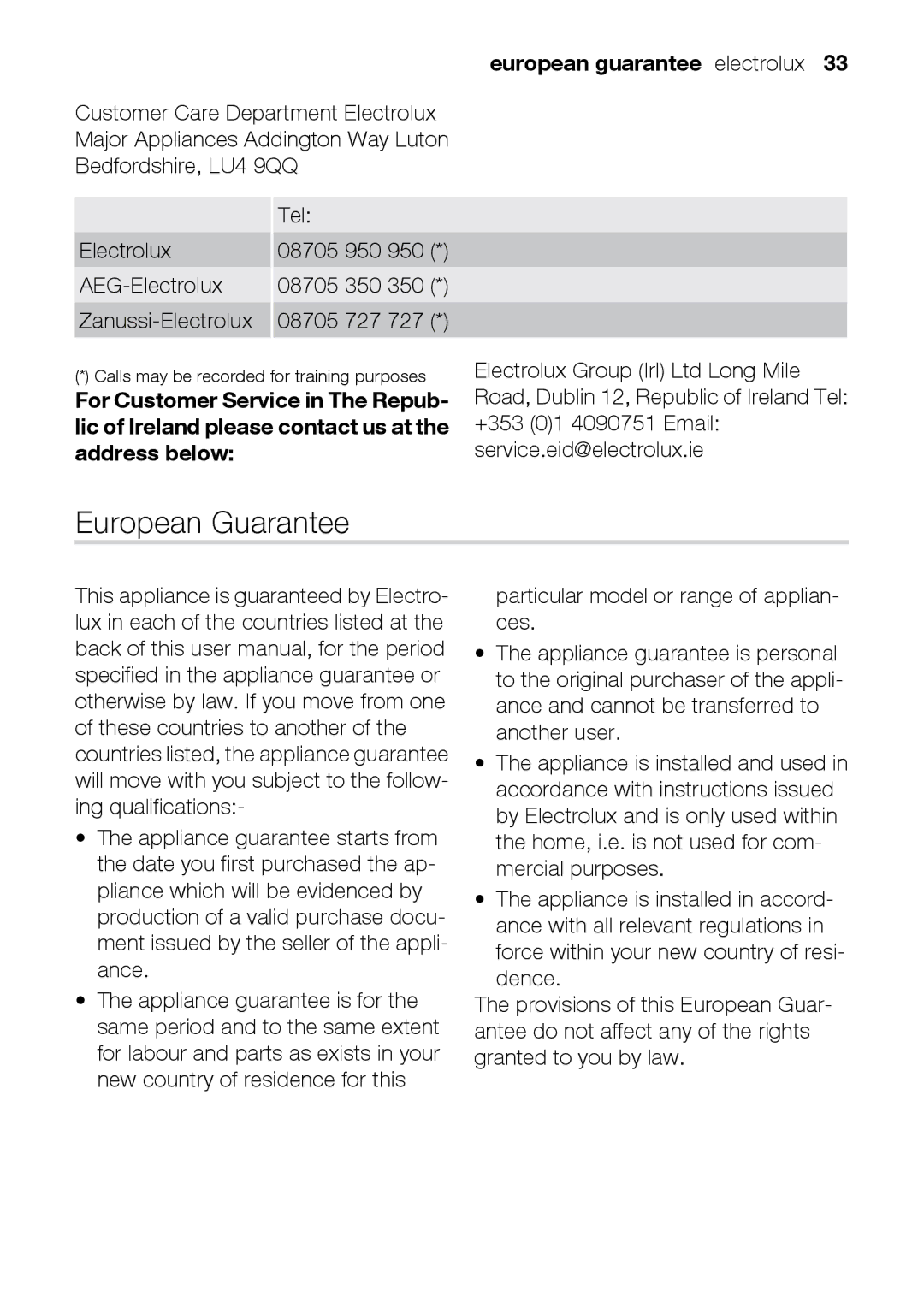 Electrolux EOB31010X user manual European Guarantee, European guarantee electrolux 