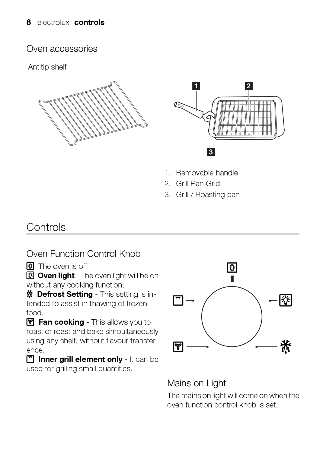 Electrolux EOB31010X user manual Controls, Oven accessories, Oven Function Control Knob, Mains on Light 