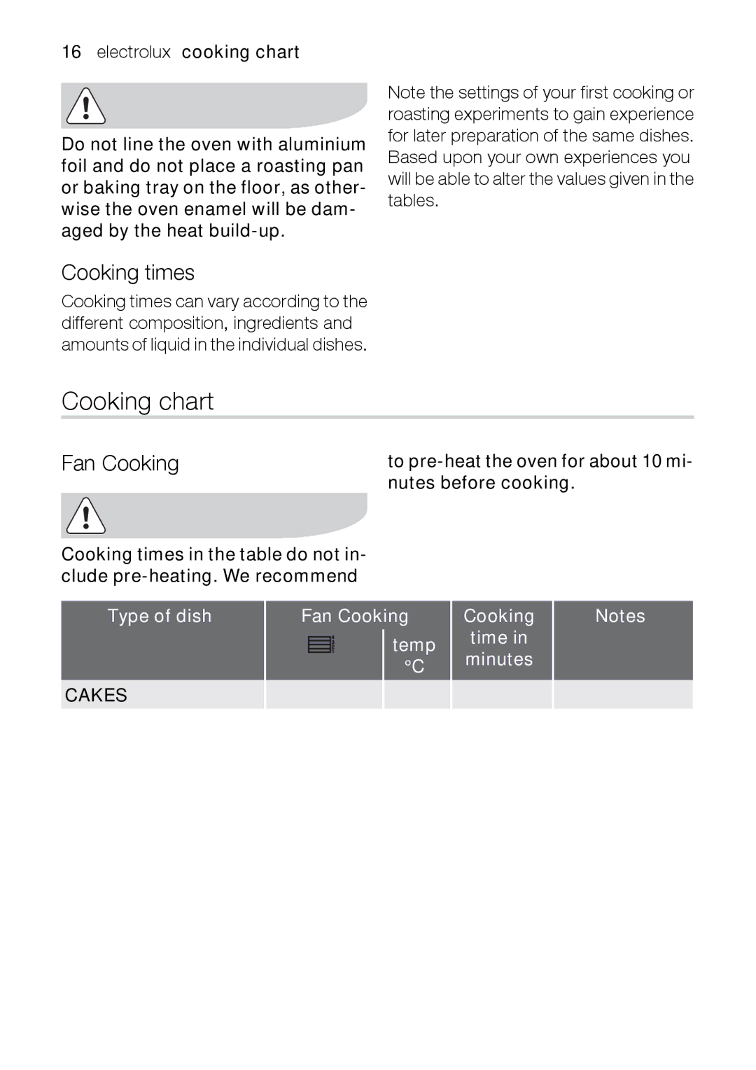 Electrolux EOB31010X user manual Cooking chart, Cooking times, Electrolux cooking chart, Nutes before cooking 