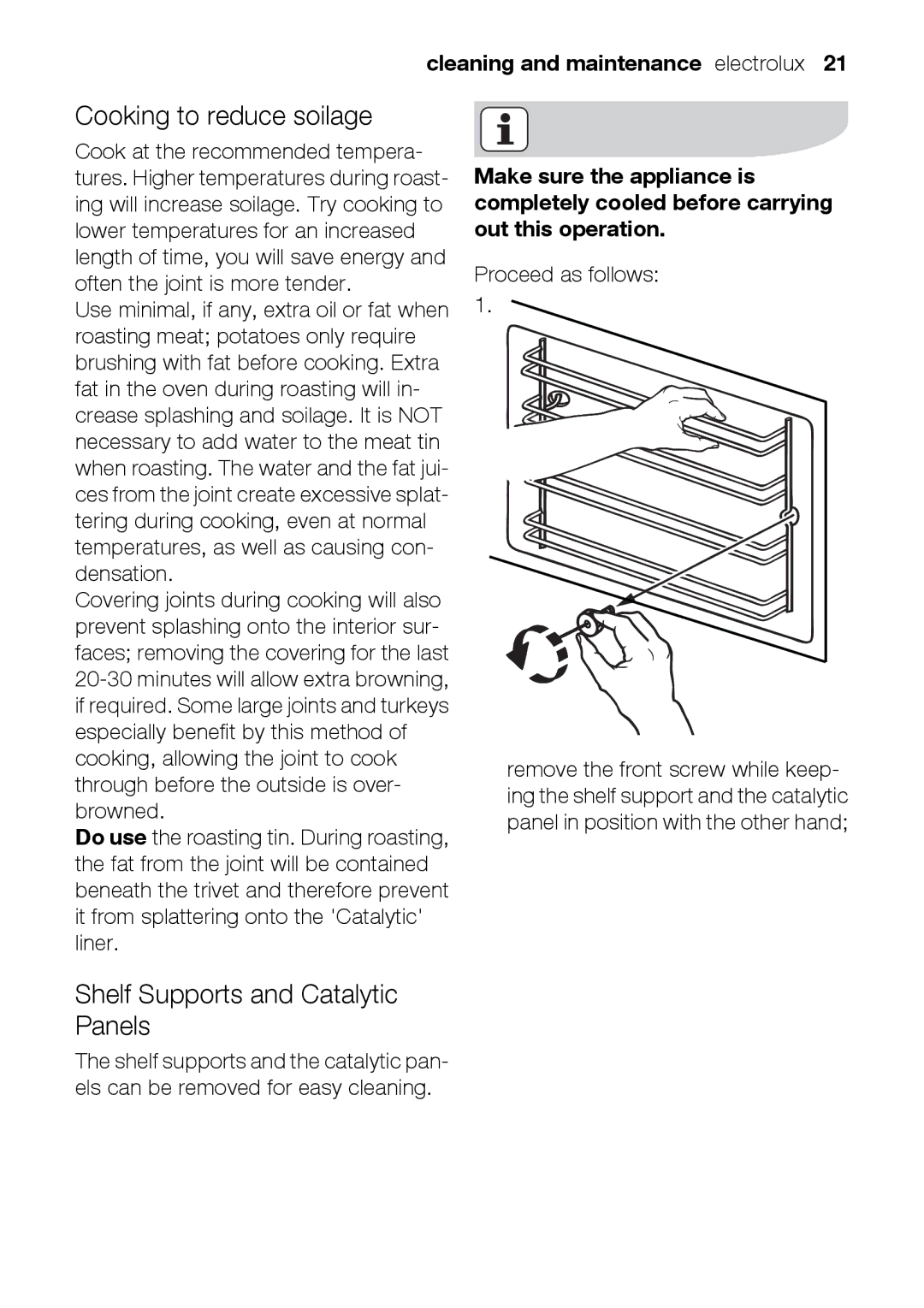 Electrolux EOB31010X user manual Cooking to reduce soilage, Shelf Supports and Catalytic Panels 