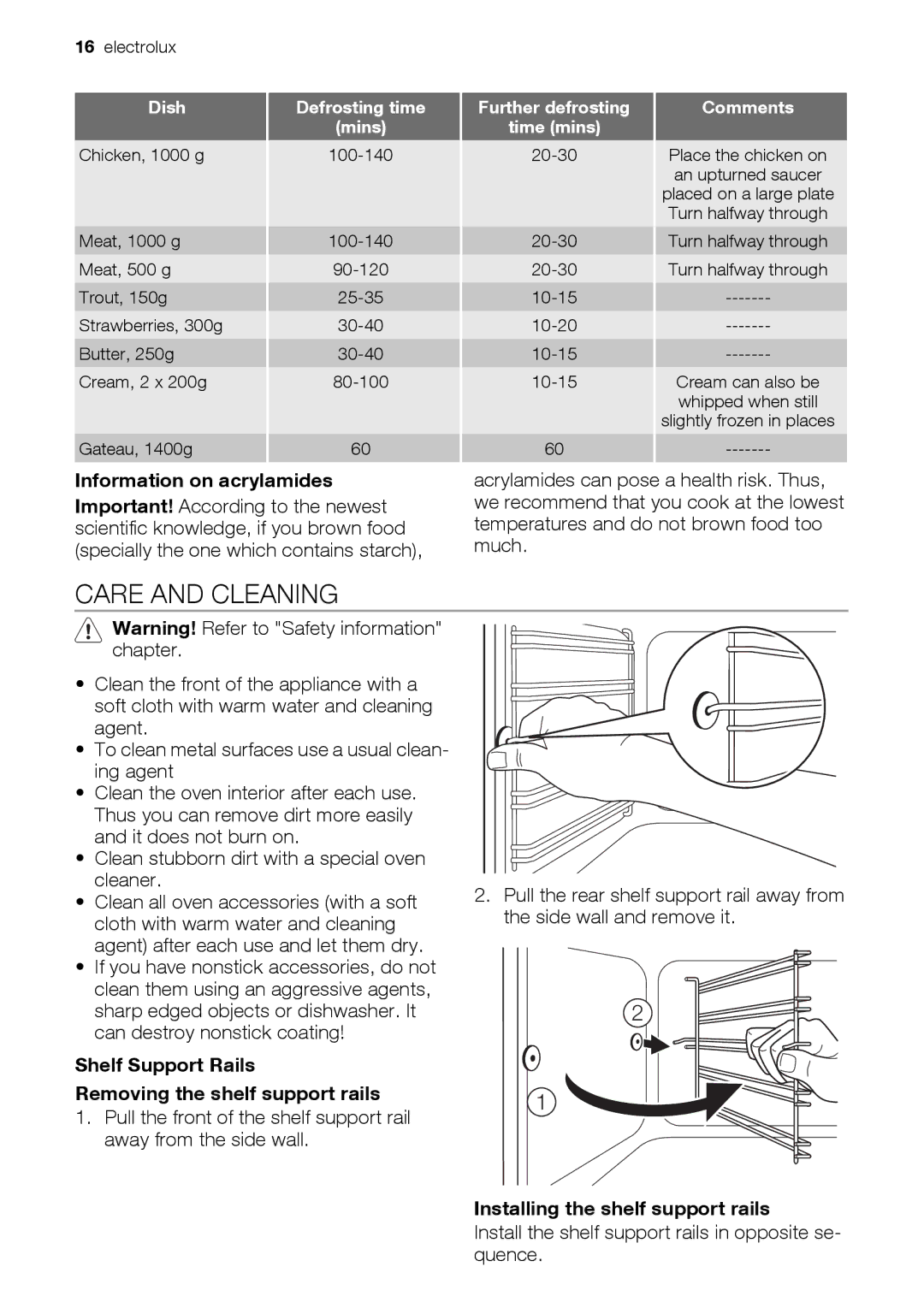 Electrolux EOB32100 Care and Cleaning, Information on acrylamides, Shelf Support Rails Removing the shelf support rails 