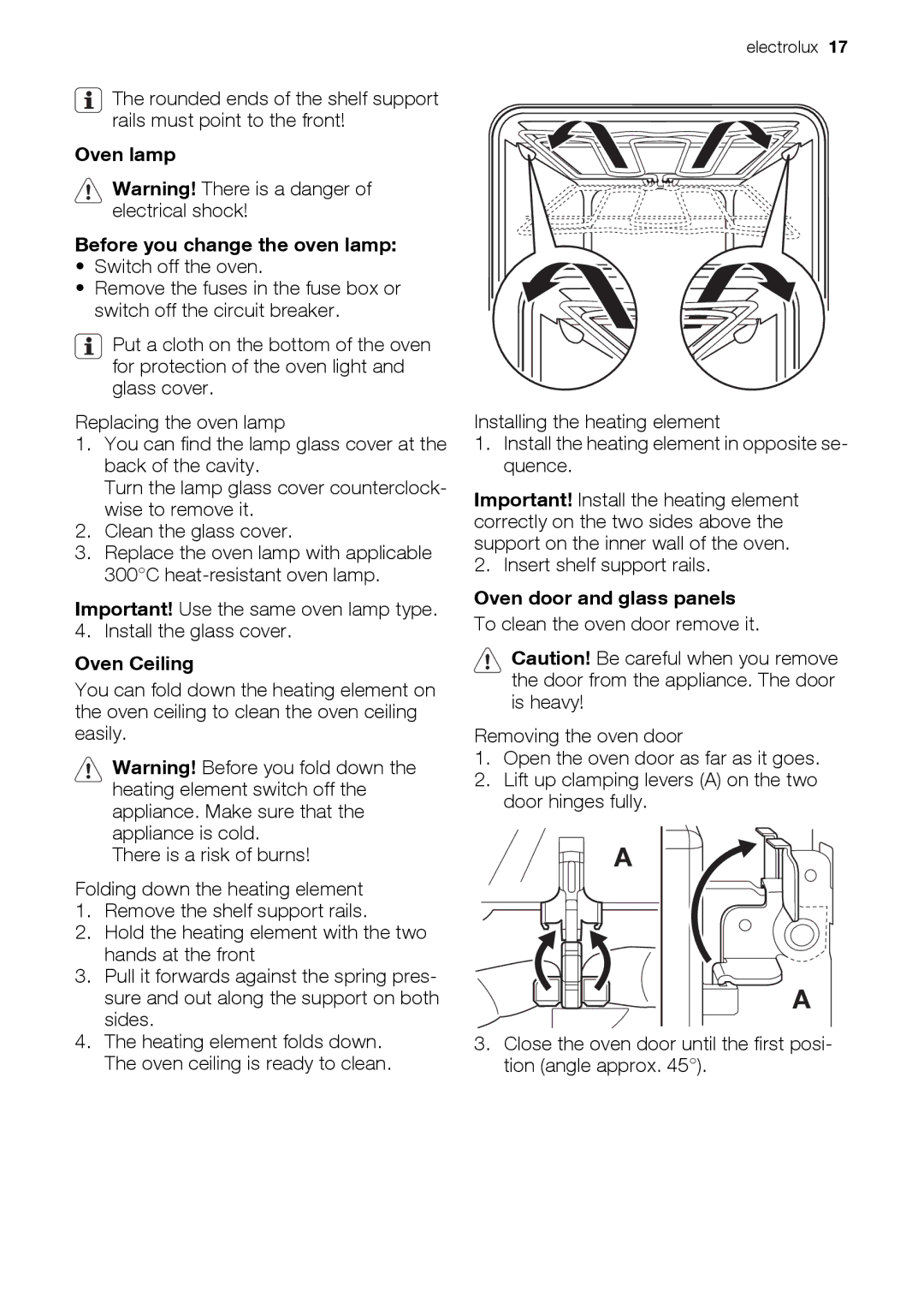 Electrolux EOB32100 user manual Oven lamp Before you change the oven lamp, Oven Ceiling, Oven door and glass panels 