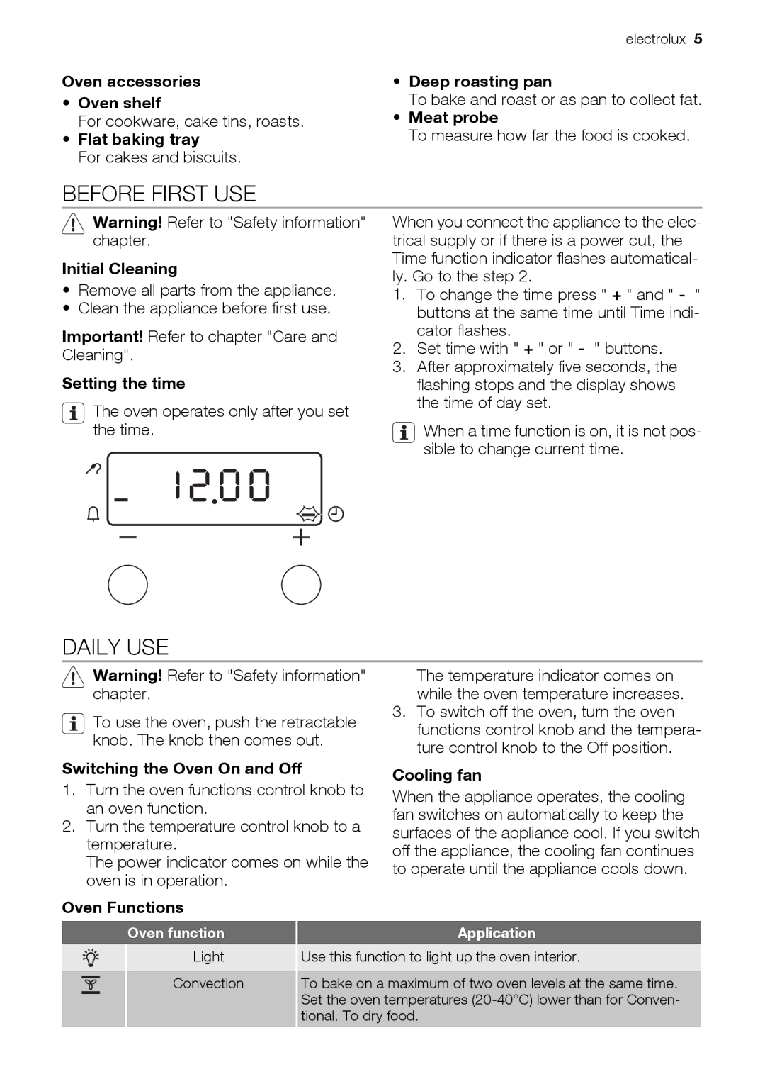 Electrolux EOB32100 user manual Before First USE, Daily USE 