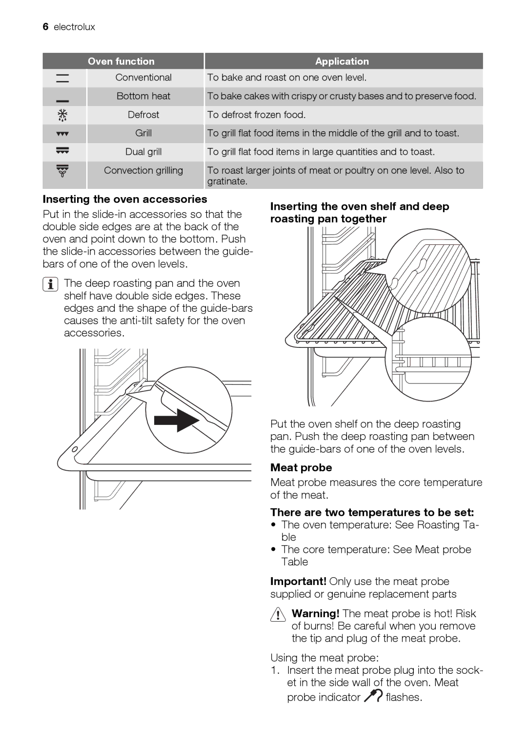 Electrolux EOB32100 user manual Inserting the oven accessories, Inserting the oven shelf and deep roasting pan together 