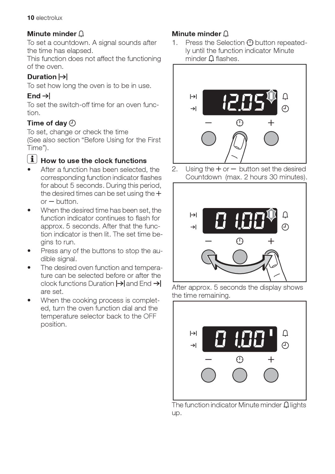 Electrolux EOB33100 user manual Minute minder, Duration, End, Time of day, How to use the clock functions 