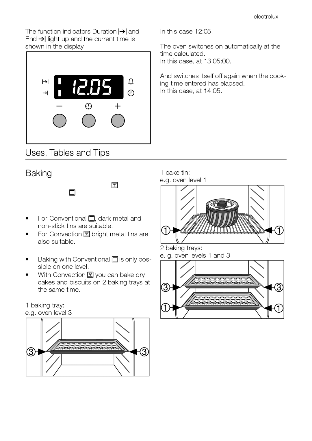 Electrolux EOB33100 Uses, Tables and Tips Baking, Oven function Convection or Conventional Baking tins, Oven levels 