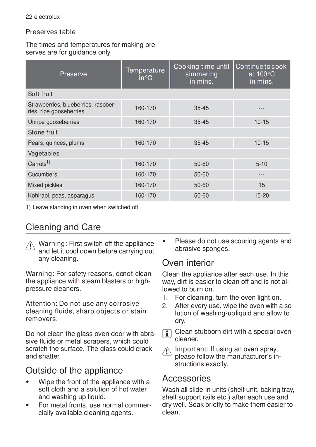 Electrolux EOB33100 user manual Cleaning and Care, Outside of the appliance, Oven interior, Accessories 