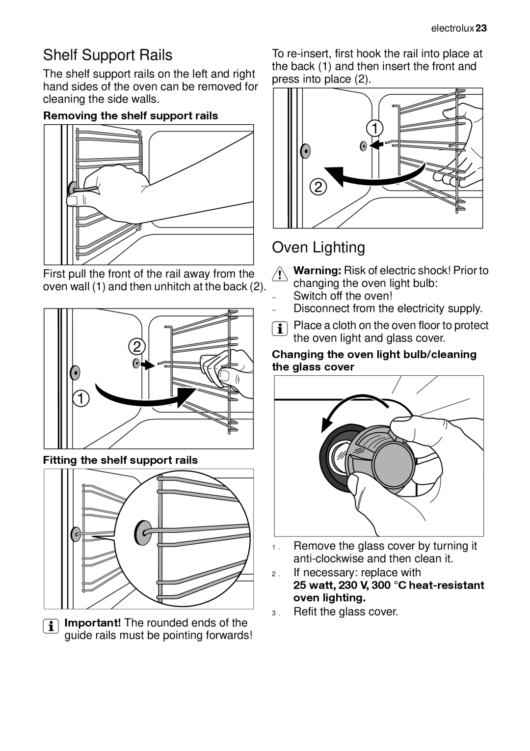 Electrolux EOB33100 user manual Shelf Support Rails, Oven Lighting 