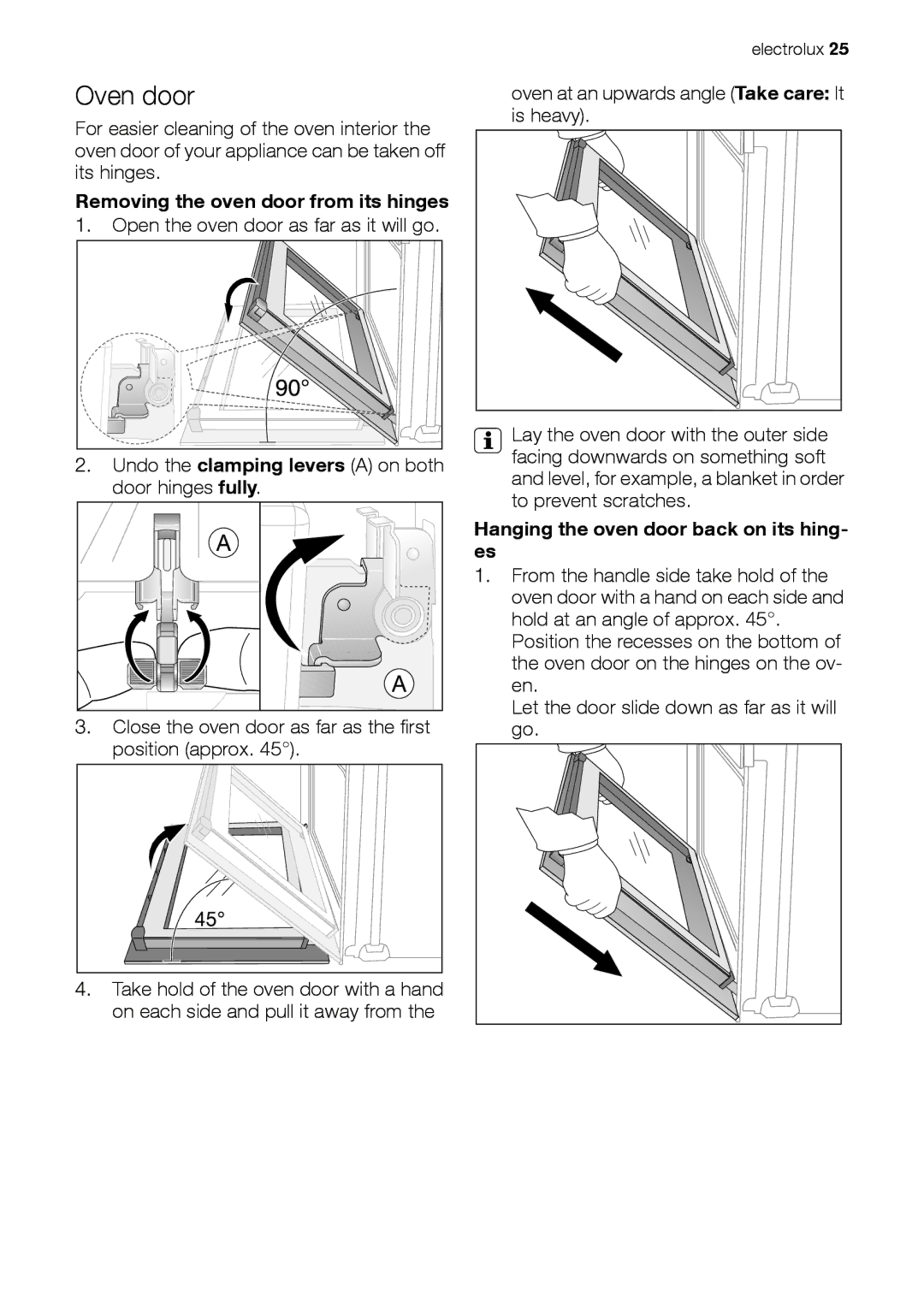 Electrolux EOB33100 Oven door, Removing the oven door from its hinges, Hanging the oven door back on its hing- es 