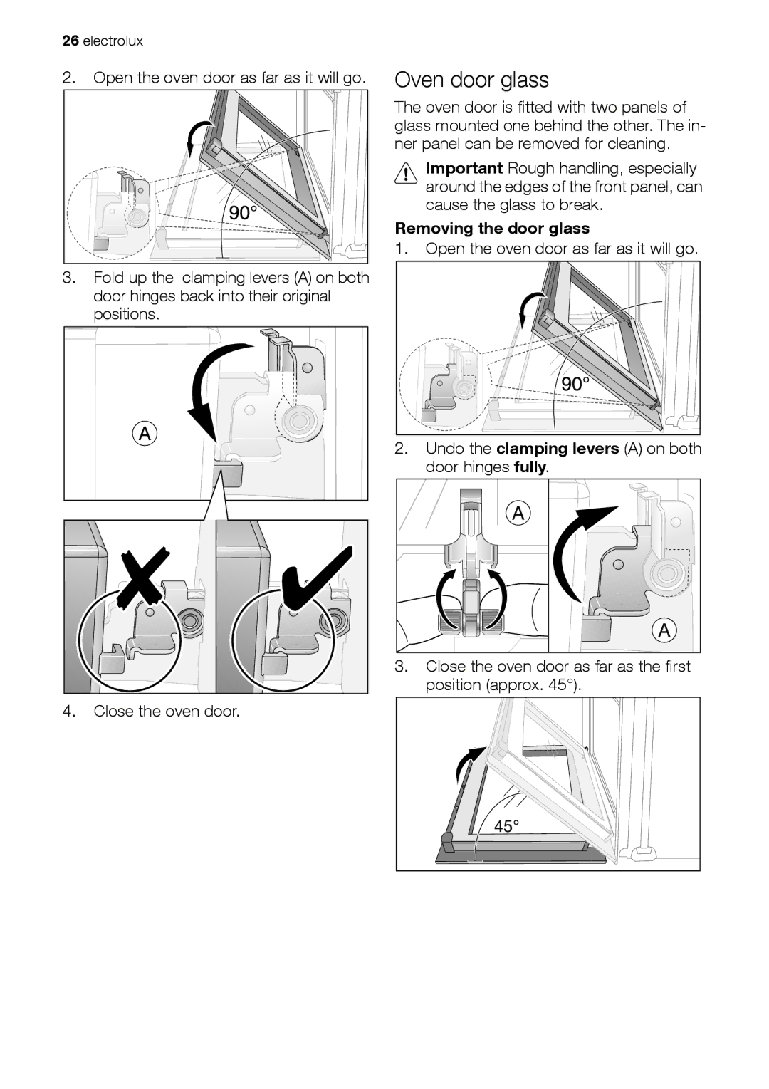 Electrolux EOB33100 user manual Oven door glass, Removing the door glass 