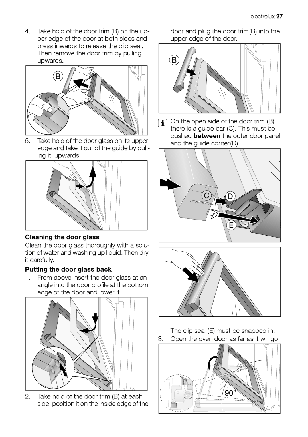 Electrolux EOB33100 user manual Cleaning the door glass, Putting the door glass back 