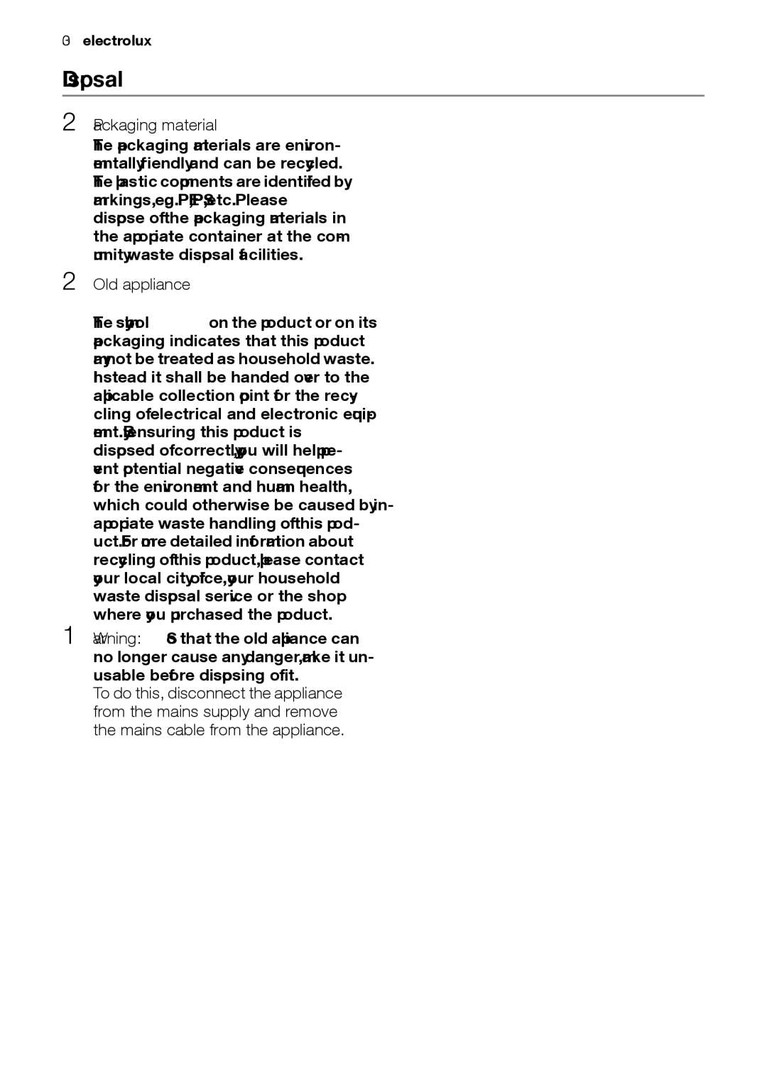 Electrolux EOB33100 user manual Disposal, Packaging material, Old appliance 