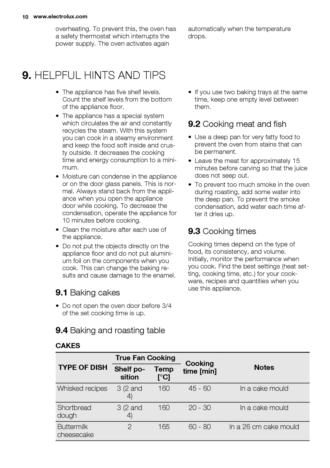 Electrolux EOB3400 Helpful Hints and Tips, Cooking meat and fish, Cooking times, Baking cakes, Baking and roasting table 