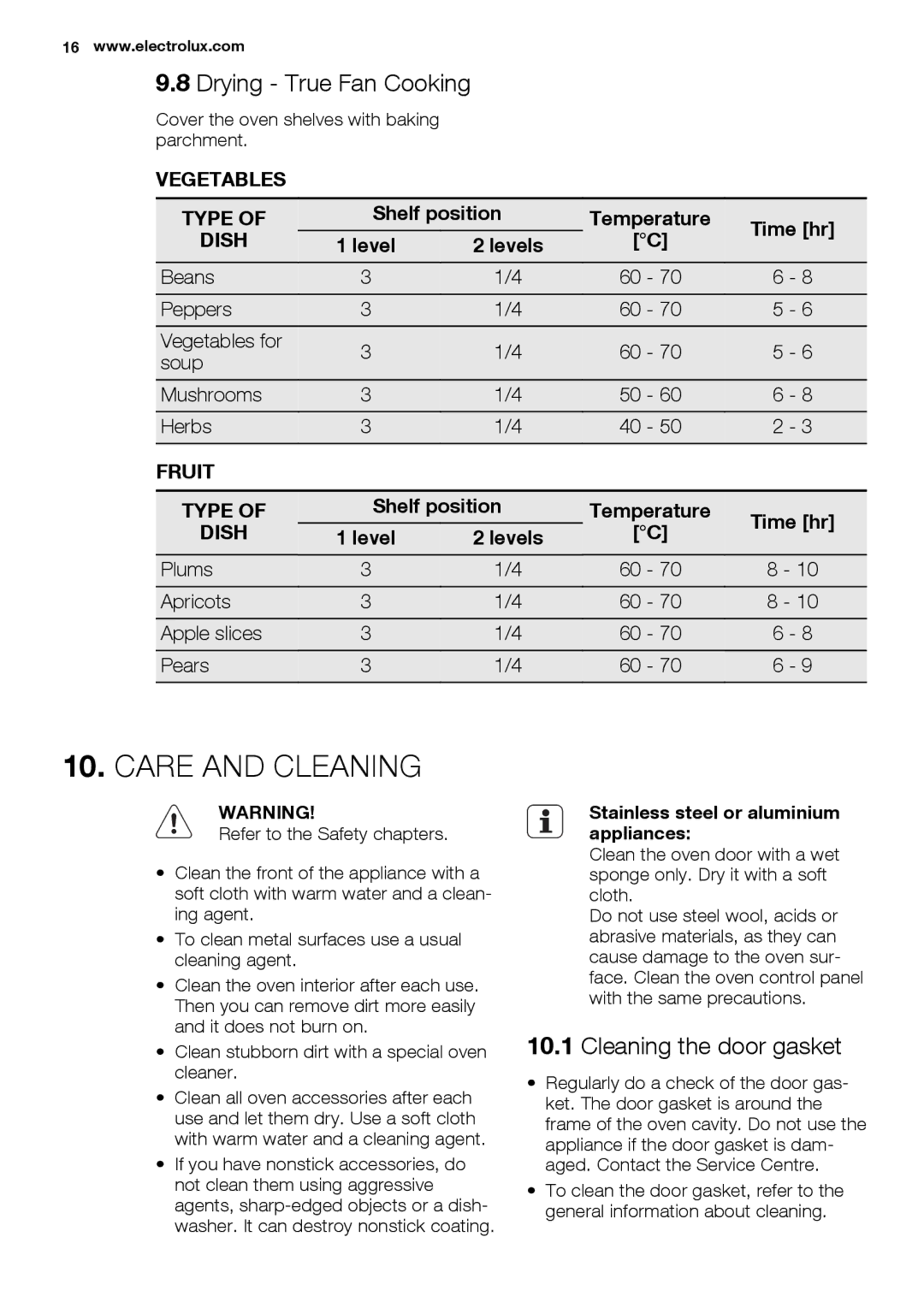 Electrolux EOB3400 user manual Care and Cleaning, Drying True Fan Cooking, Cleaning the door gasket, Level 