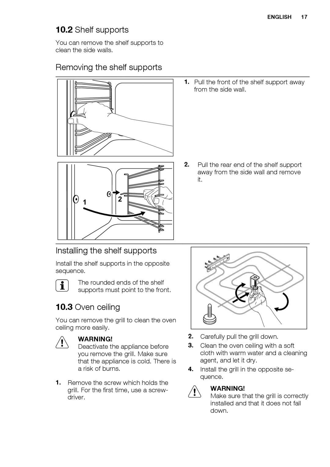 Electrolux EOB3400 user manual Shelf supports, Removing the shelf supports, Installing the shelf supports, Oven ceiling 