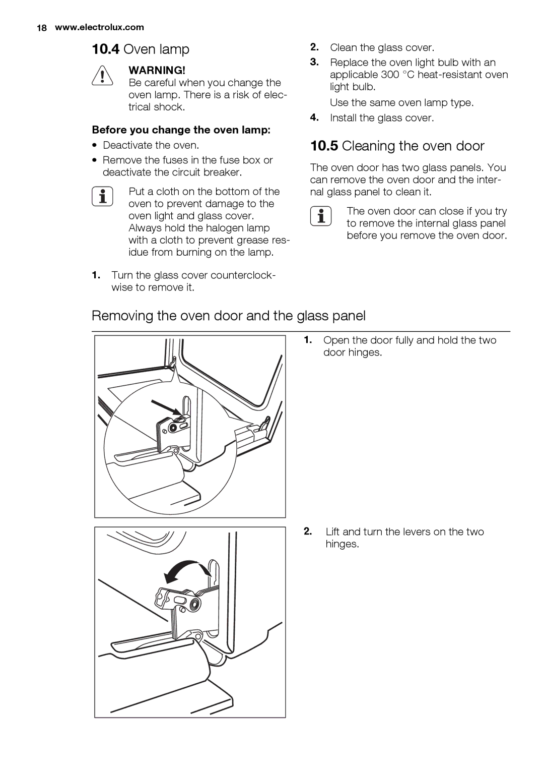 Electrolux EOB3400 user manual Oven lamp, Cleaning the oven door, Removing the oven door and the glass panel 