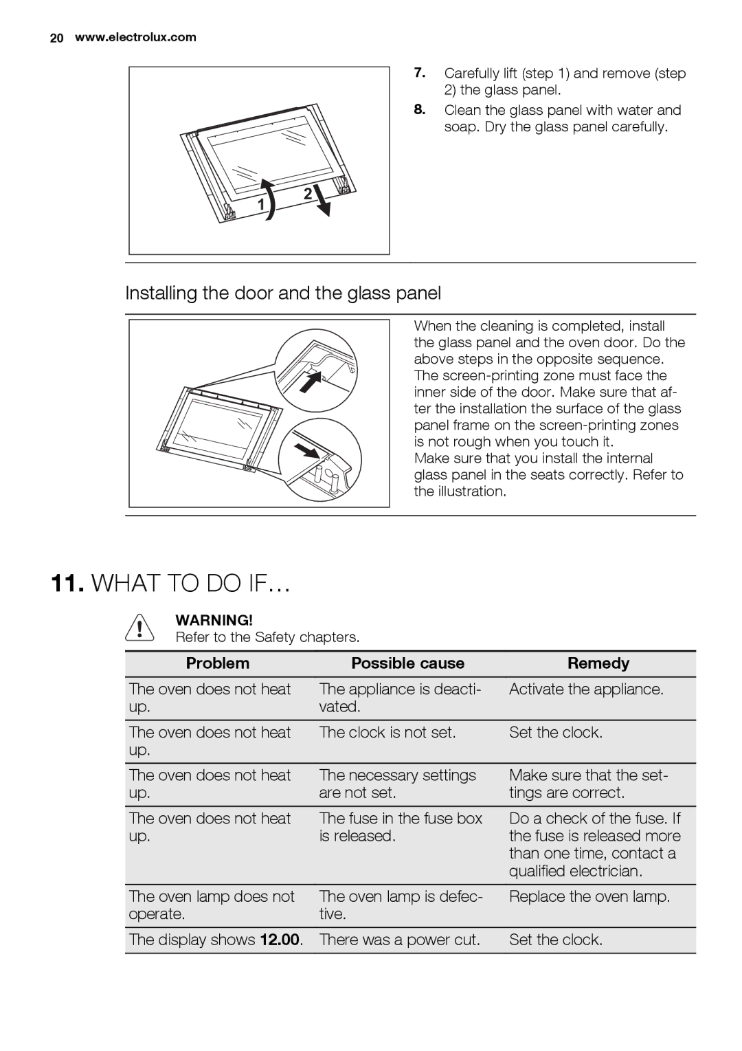 Electrolux EOB3400 user manual What to do IF…, Installing the door and the glass panel, Problem Possible cause Remedy 