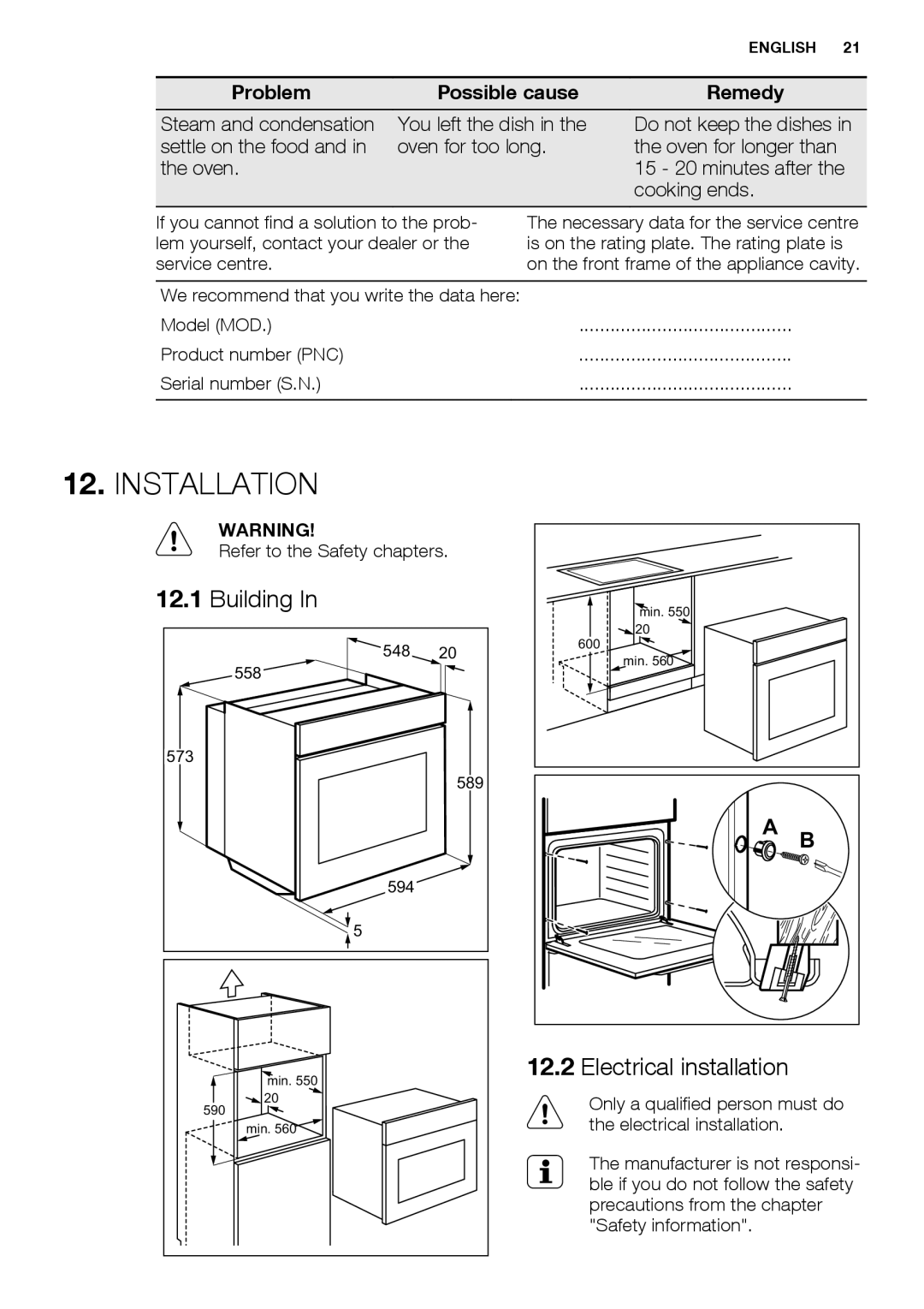 Electrolux EOB3400 user manual Installation, Building, Electrical installation 